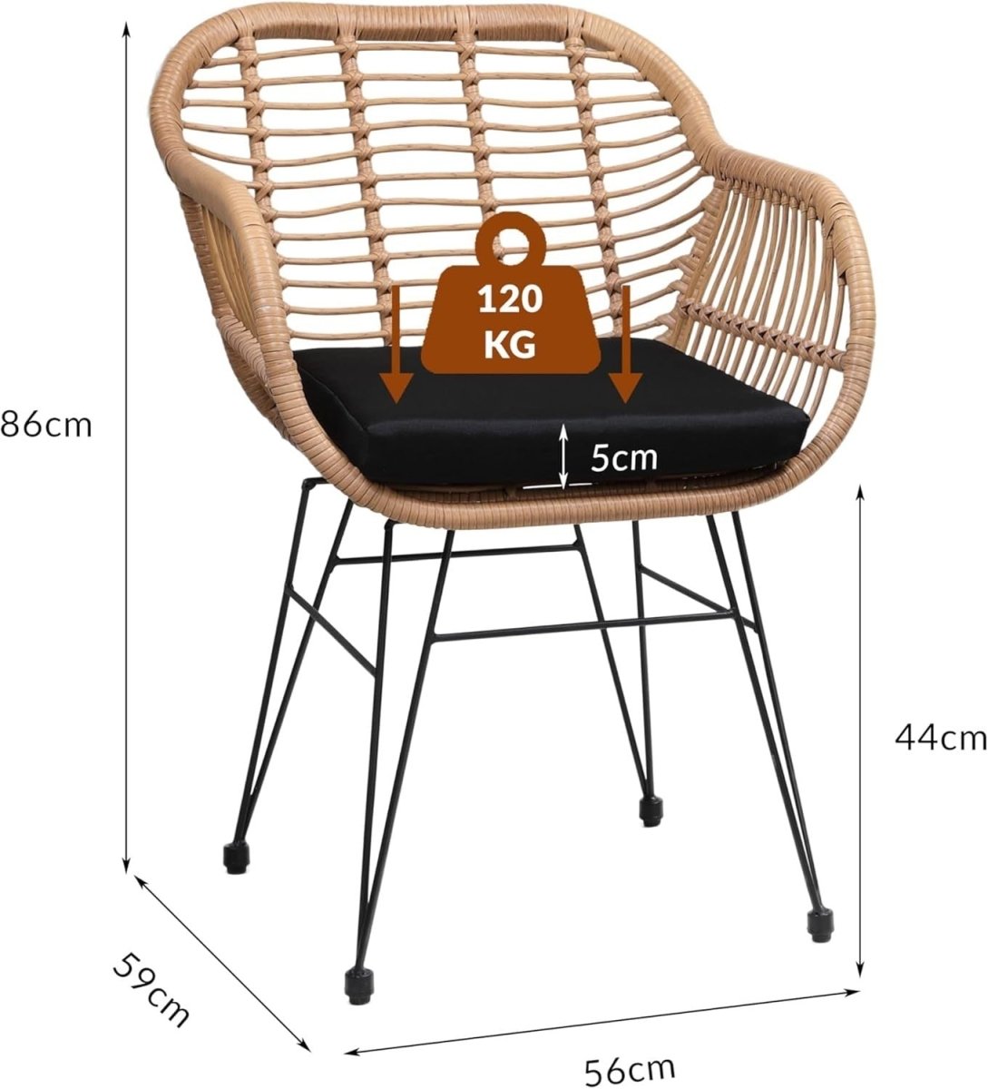 Boho Rattan Dining Armchairs Set of 4 Cushioned Patio Balcony Seating - Kwikley