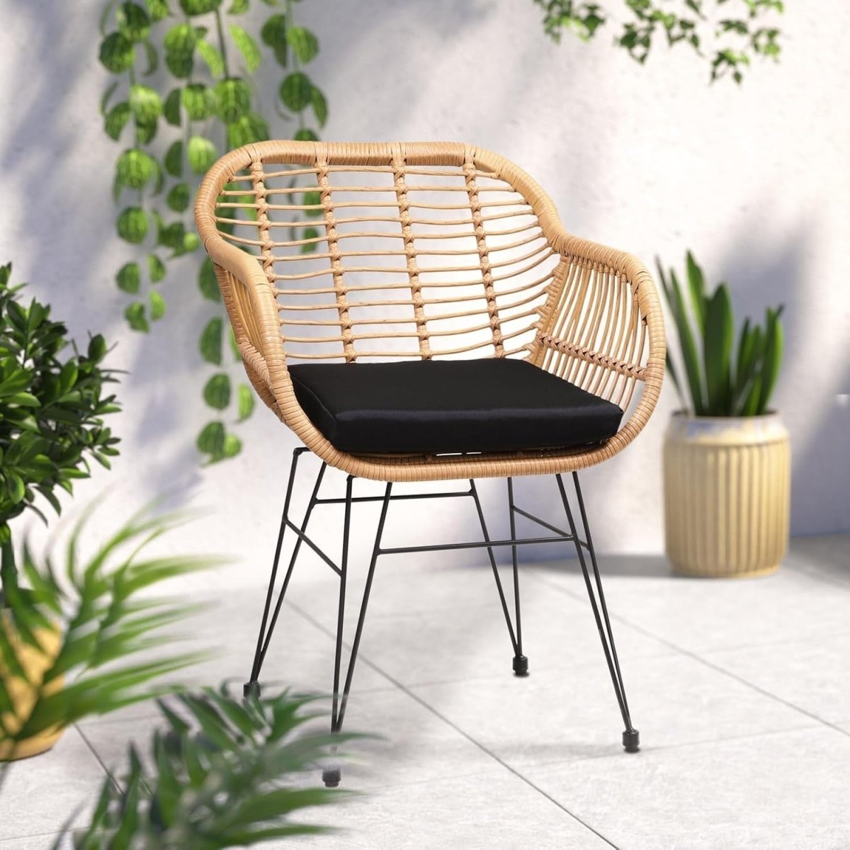 Boho Rattan Dining Armchairs Set of 4 Cushioned Patio Balcony Seating - Kwikley