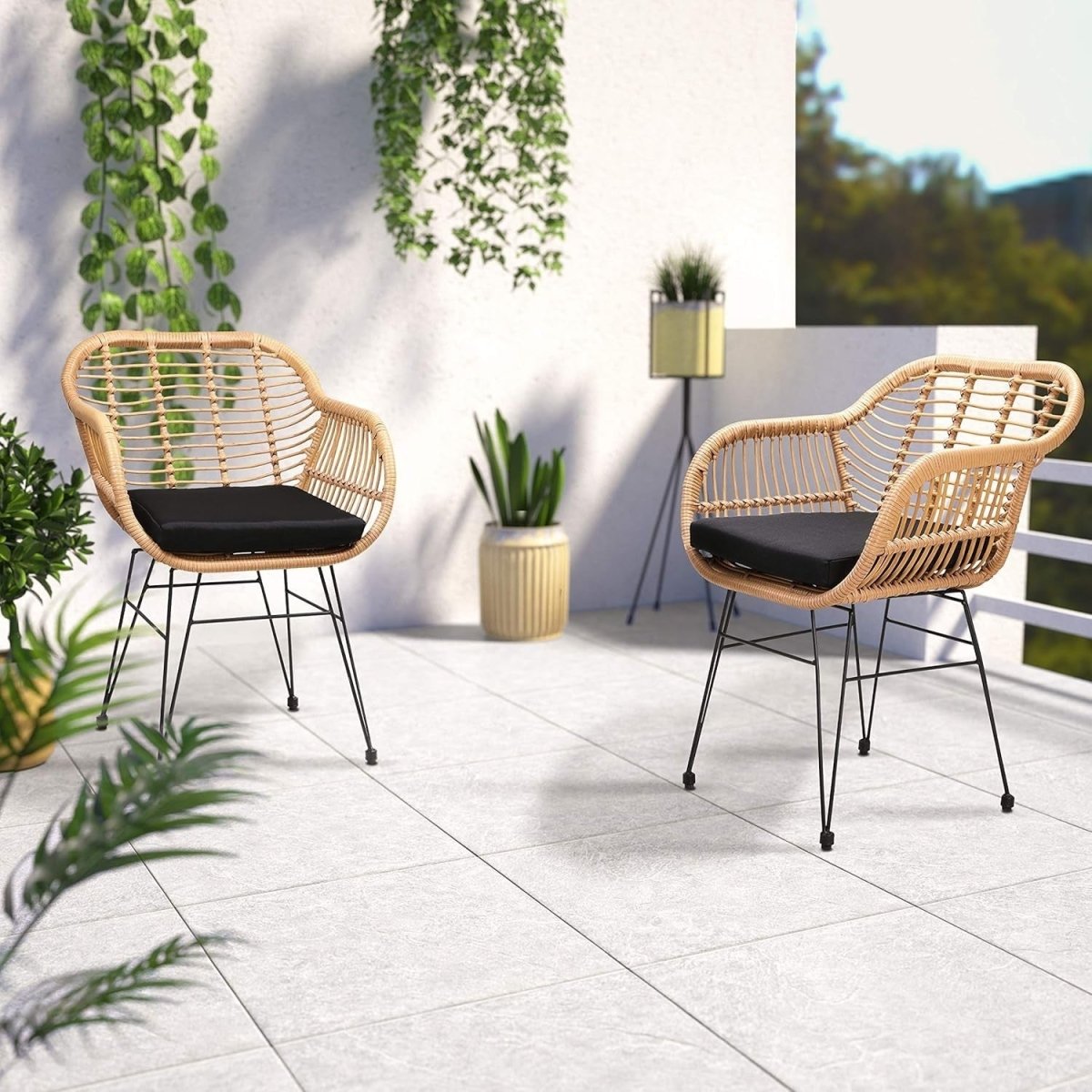 Boho Rattan Dining Armchairs Set of 4 Cushioned Patio Balcony Seating - Kwikley