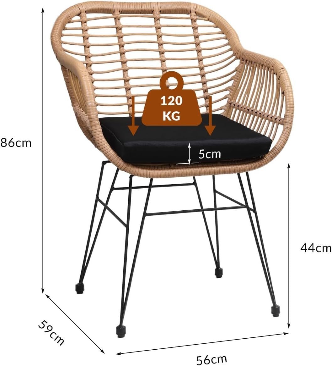 Boho Rattan Dining Chairs Set of 2 Cushioned Garden Balcony Armchairs - Kwikley