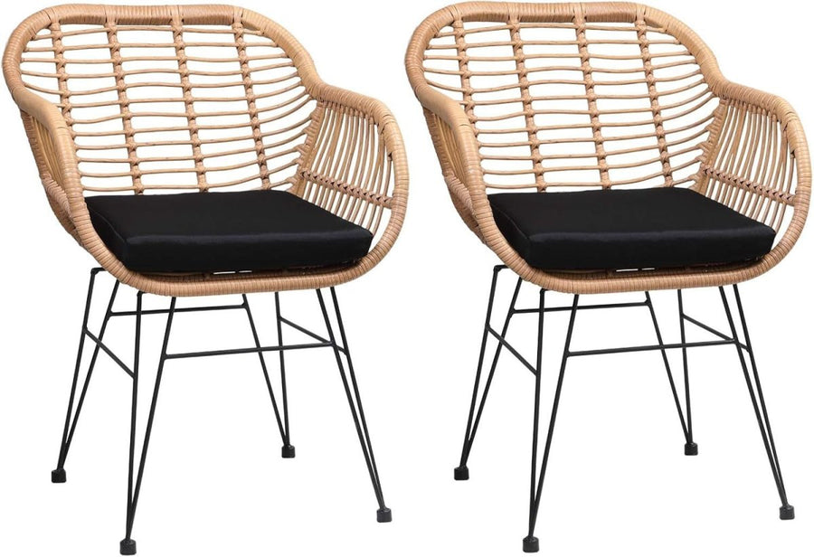 Boho Rattan Dining Chairs Set of 2 Cushioned Garden Balcony Armchairs - Kwikley