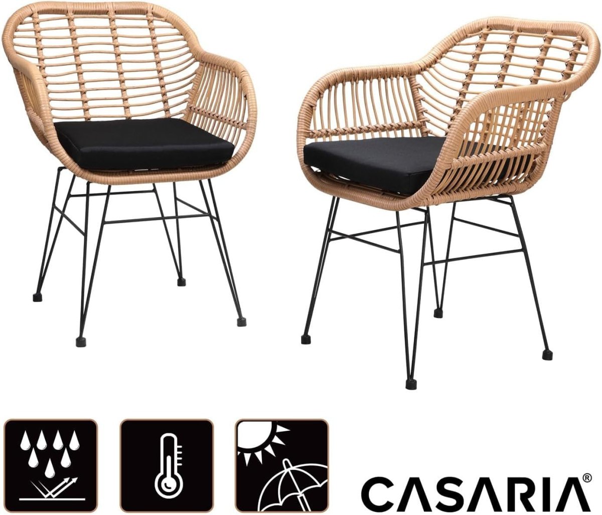 Boho Rattan Dining Chairs Set of 2 Cushioned Garden Balcony Armchairs - Kwikley