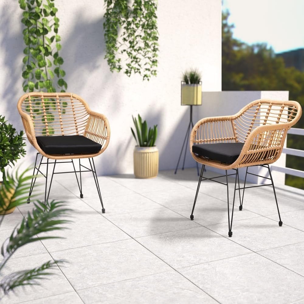Boho Rattan Dining Chairs Set of 2 Cushioned Garden Balcony Armchairs - Kwikley