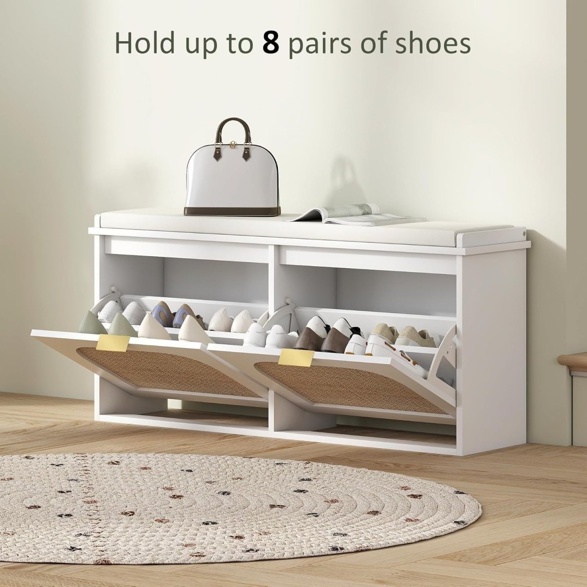 Boho Shoe Storage Bench with 2 Flip Drawers & Padded Seat, Holds 10 Pairs - Kwikley