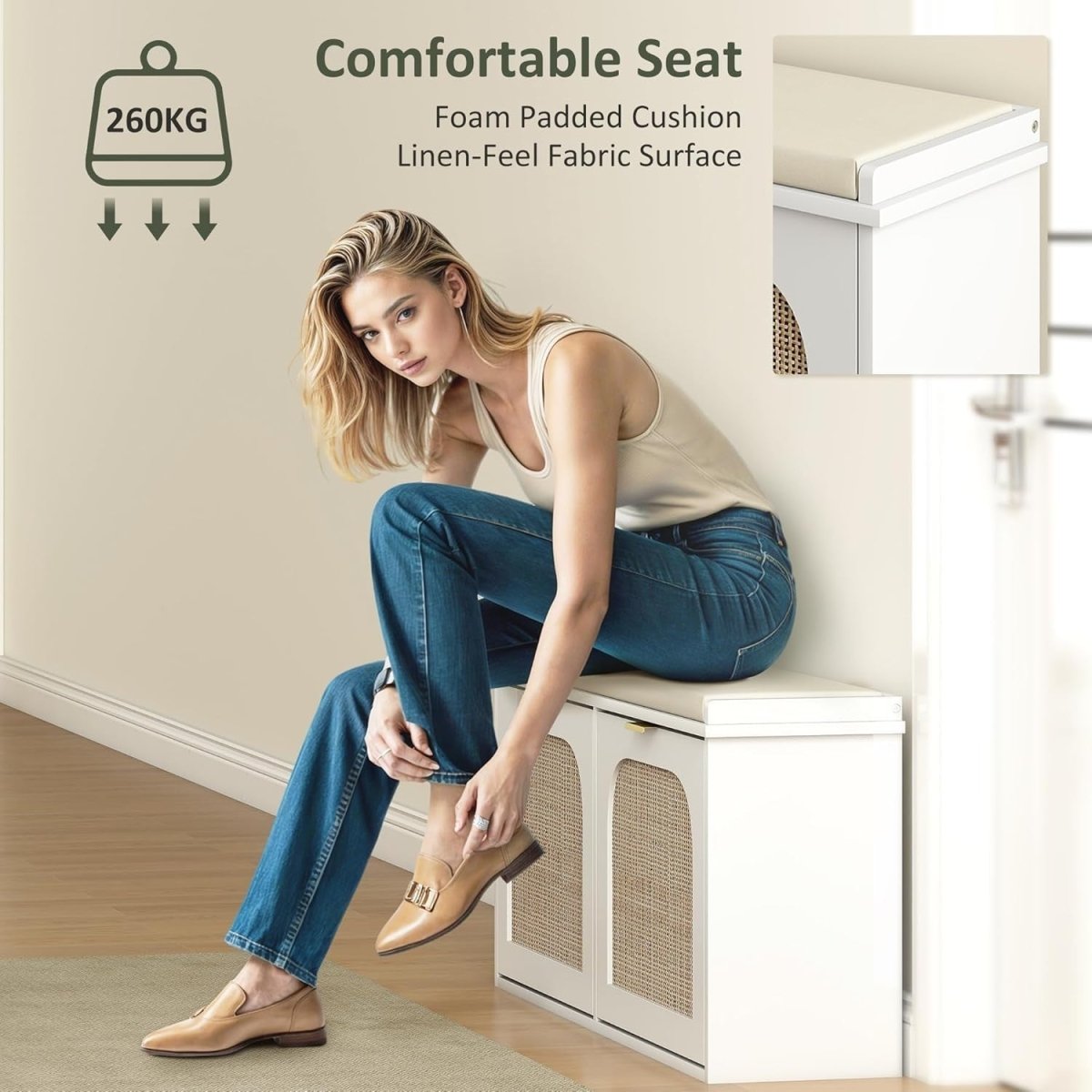 Boho Shoe Storage Bench with 2 Flip Drawers & Padded Seat, Holds 10 Pairs - Kwikley