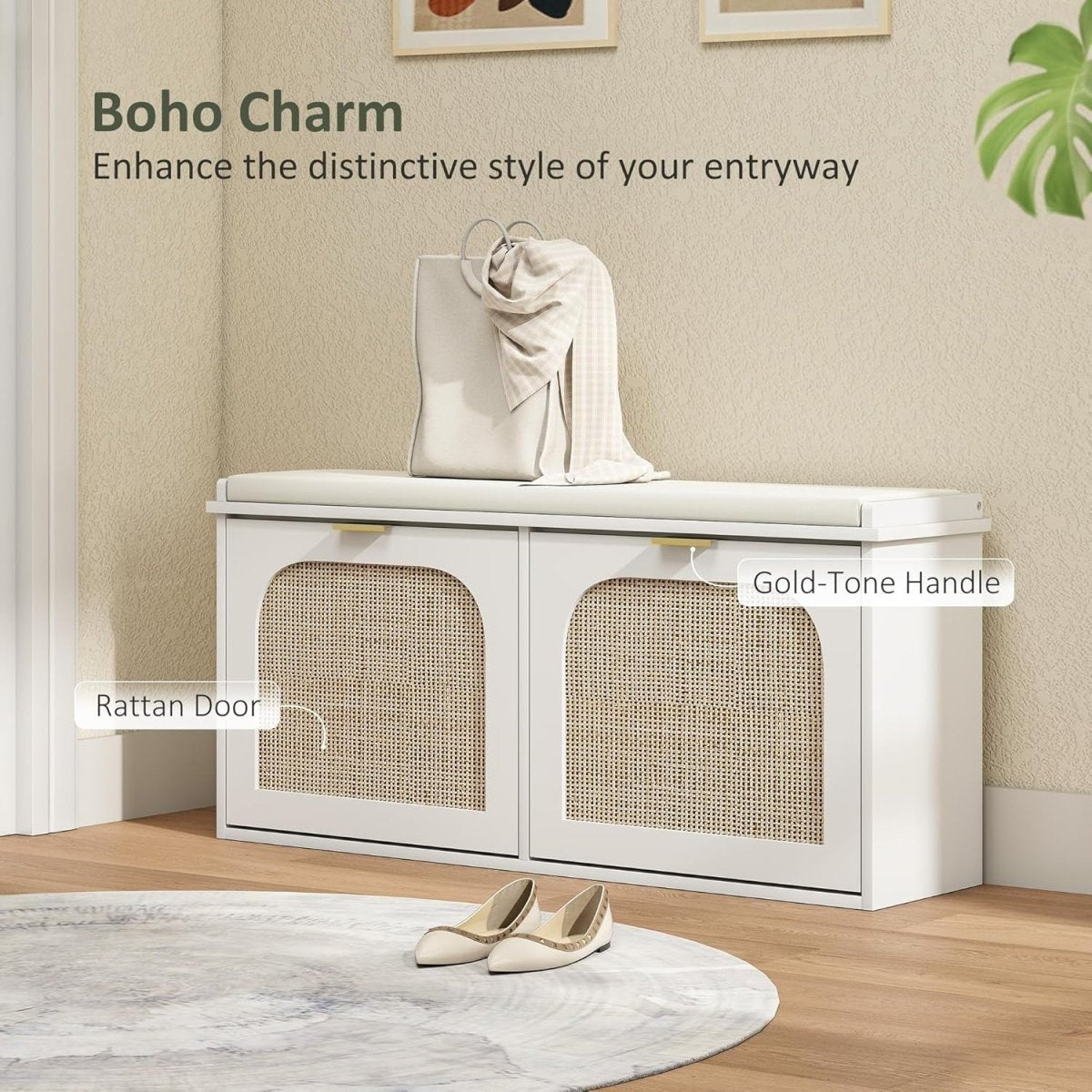 Boho Shoe Storage Bench with 2 Flip Drawers & Padded Seat, Holds 10 Pairs - Kwikley