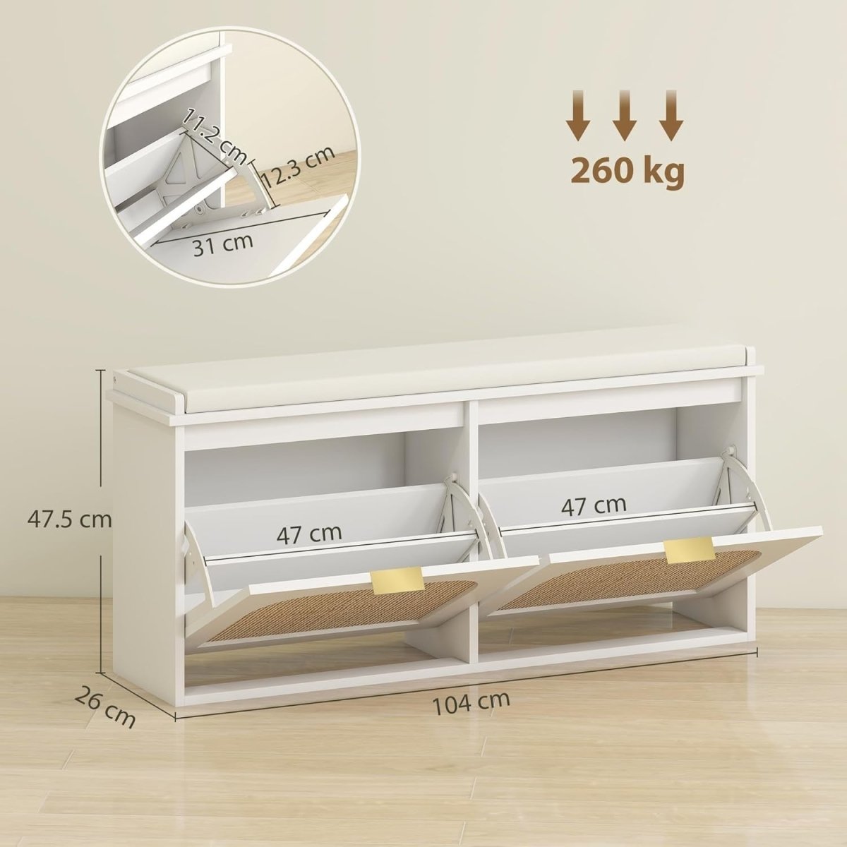 Boho Shoe Storage Bench with 2 Flip Drawers & Padded Seat, Holds 10 Pairs - Kwikley