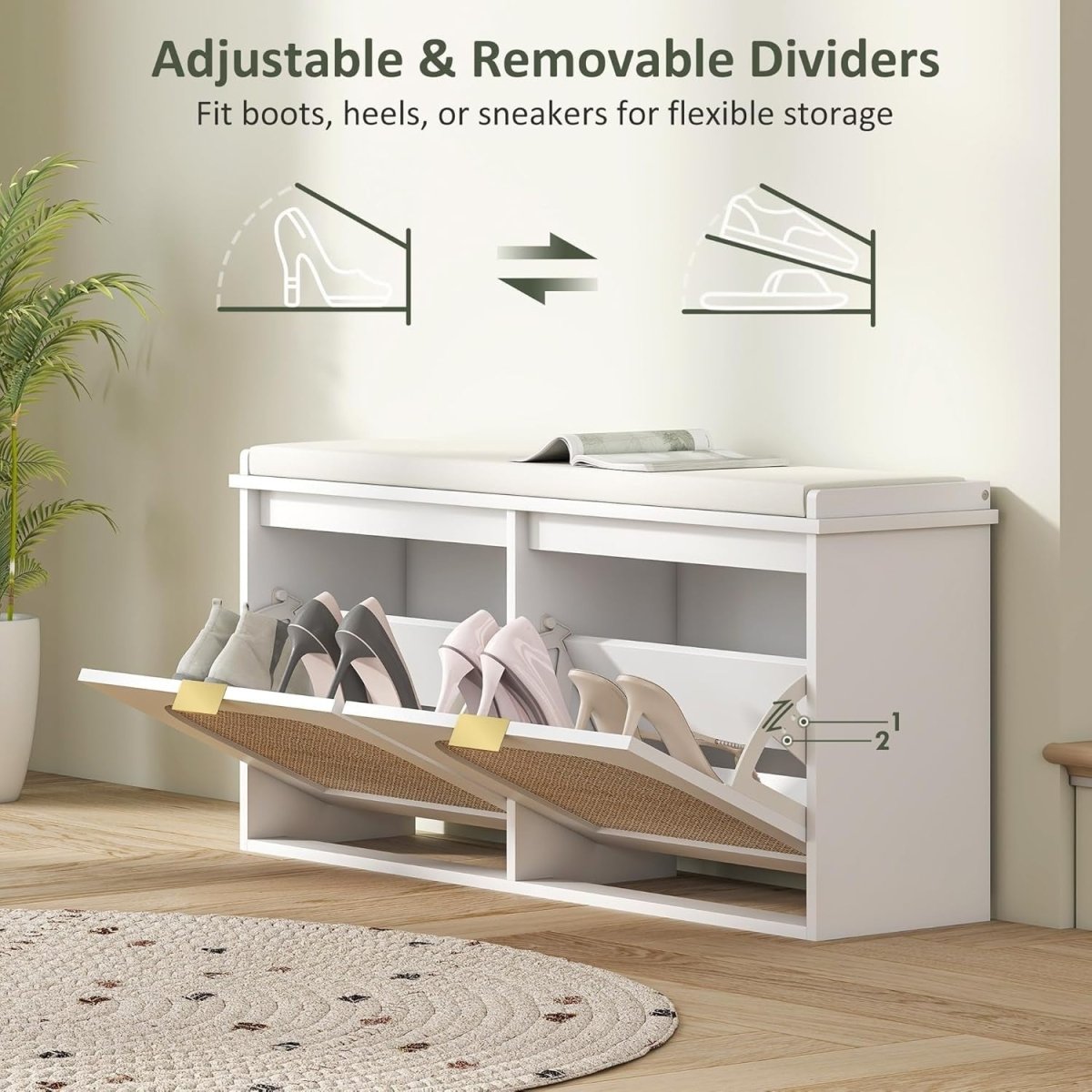 Boho Shoe Storage Bench with 2 Flip Drawers & Padded Seat, Holds 10 Pairs - Kwikley