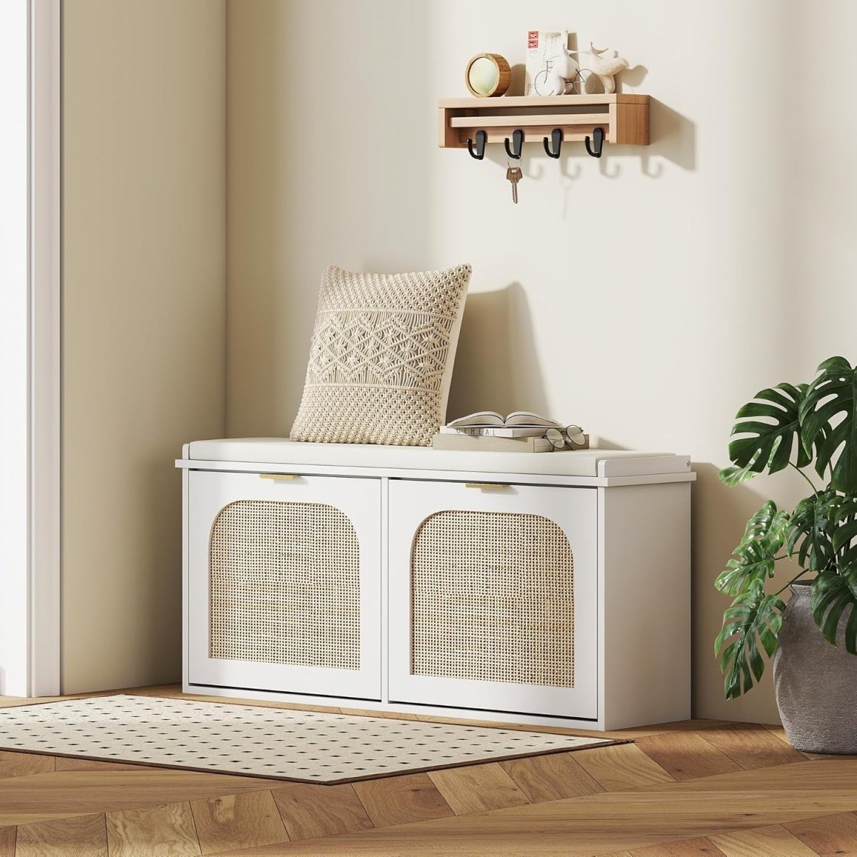 Boho Shoe Storage Bench with 2 Flip Drawers & Padded Seat, Holds 10 Pairs - Kwikley
