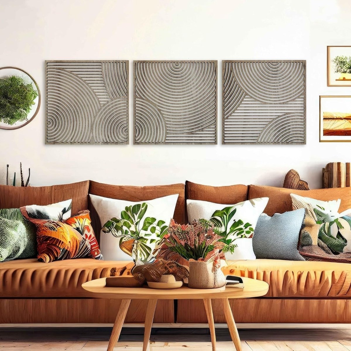 Boho Wood Wall Art Set of 3 Large Circular Geometric Panels - Kwikley