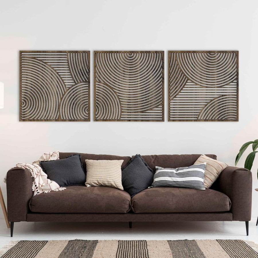 Boho Wood Wall Art Set of 3 Large Circular Geometric Panels - Kwikley