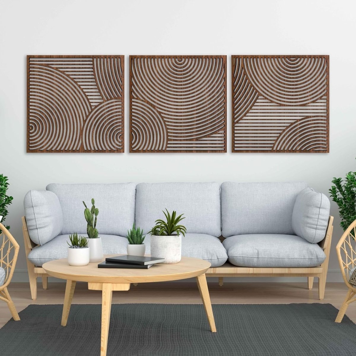 Boho Wood Wall Art Set of 3 Large Circular Geometric Panels - Kwikley