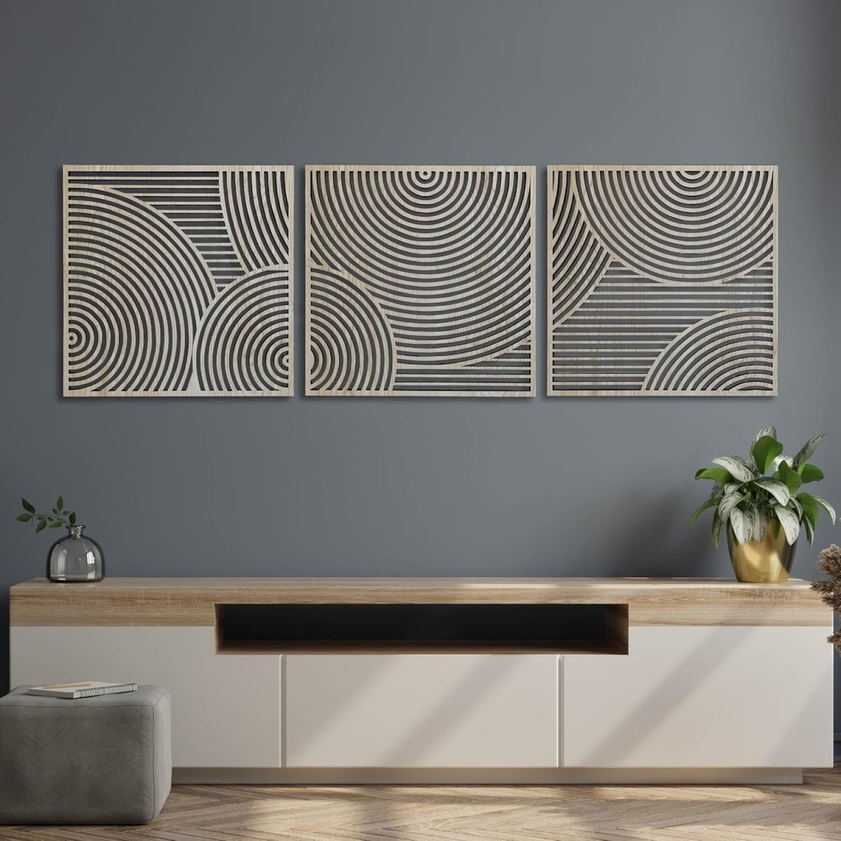 Boho Wood Wall Art Set of 3 Large Circular Geometric Panels - Kwikley