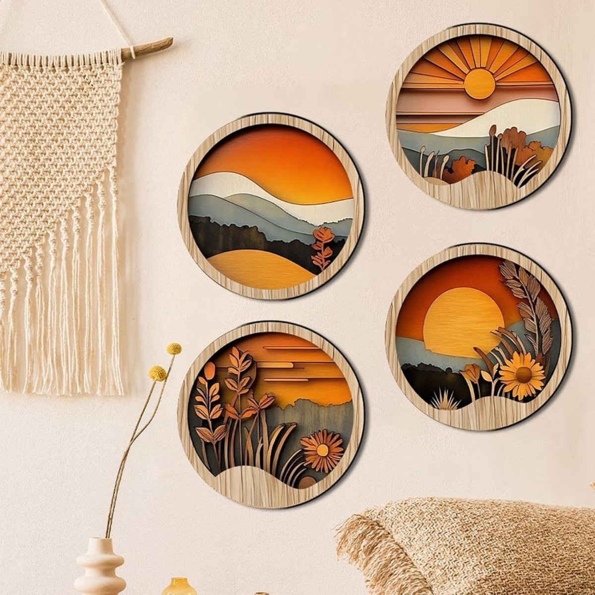 Boho Wooden Wall Art Round 7.8in Geometric Decor - Kwikley