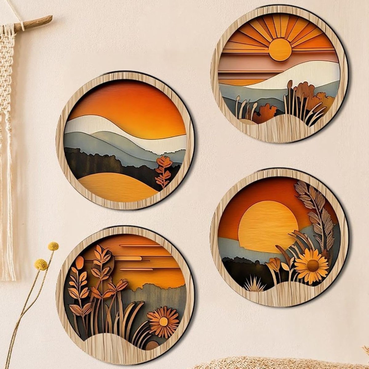 Boho Wooden Wall Art Round 7.8in Geometric Decor - Kwikley
