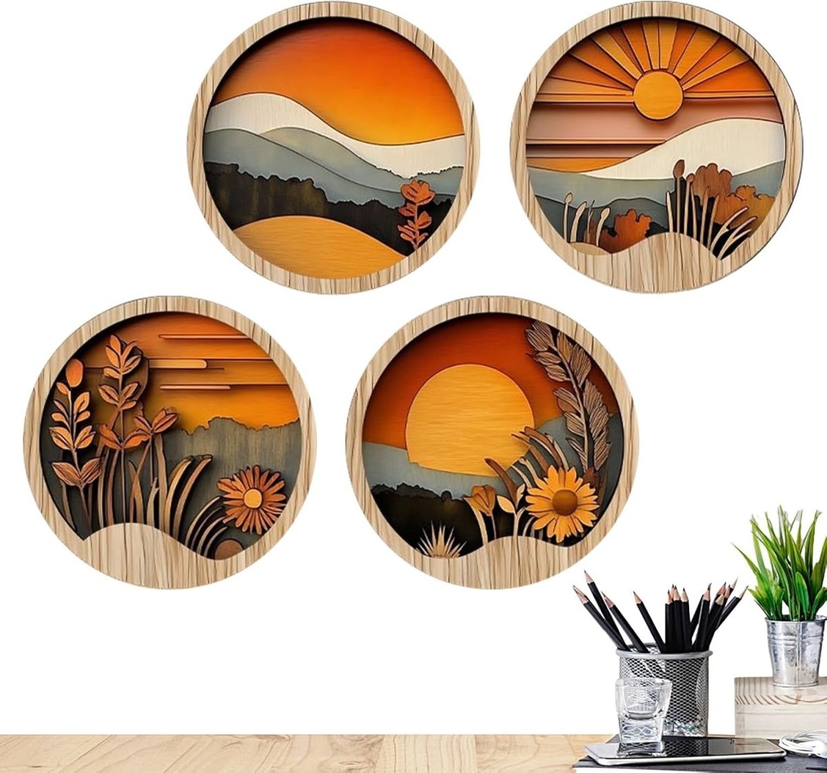 Boho Wooden Wall Art Round 7.8in Geometric Decor - Kwikley