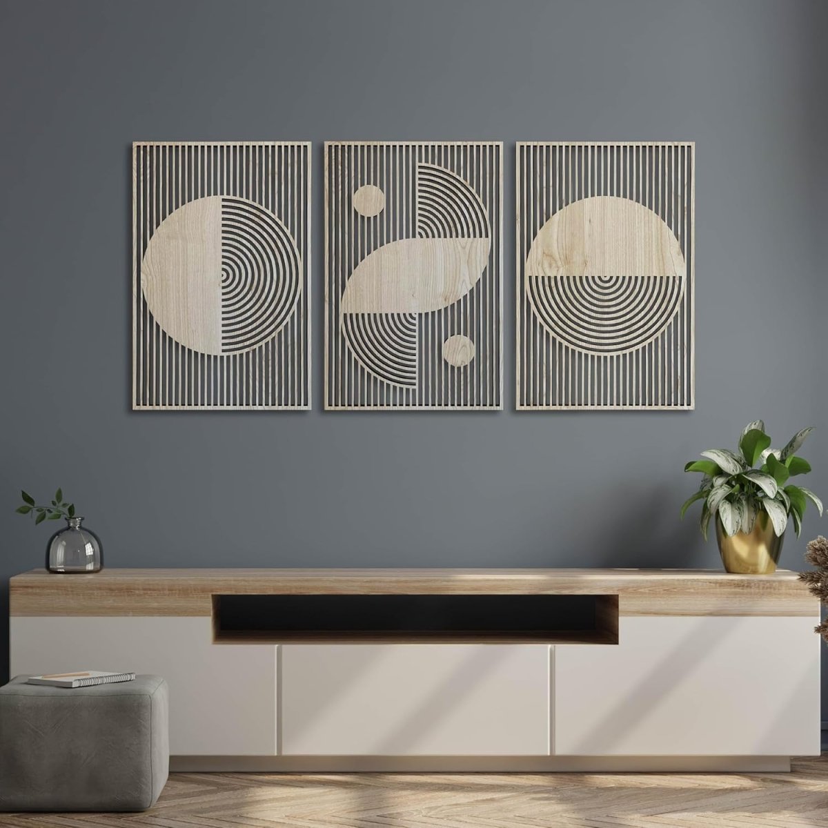 Boho Wooden Wall Art Set of 3 Large Geometric Panels Decor - Kwikley