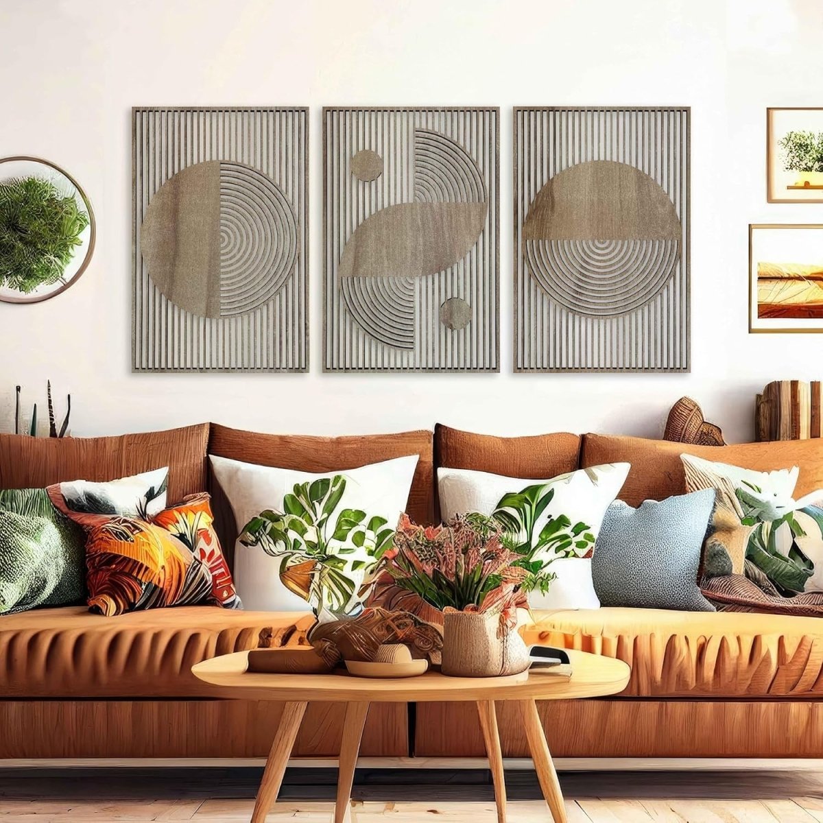 Boho Wooden Wall Art Set of 3 Large Geometric Panels Decor - Kwikley