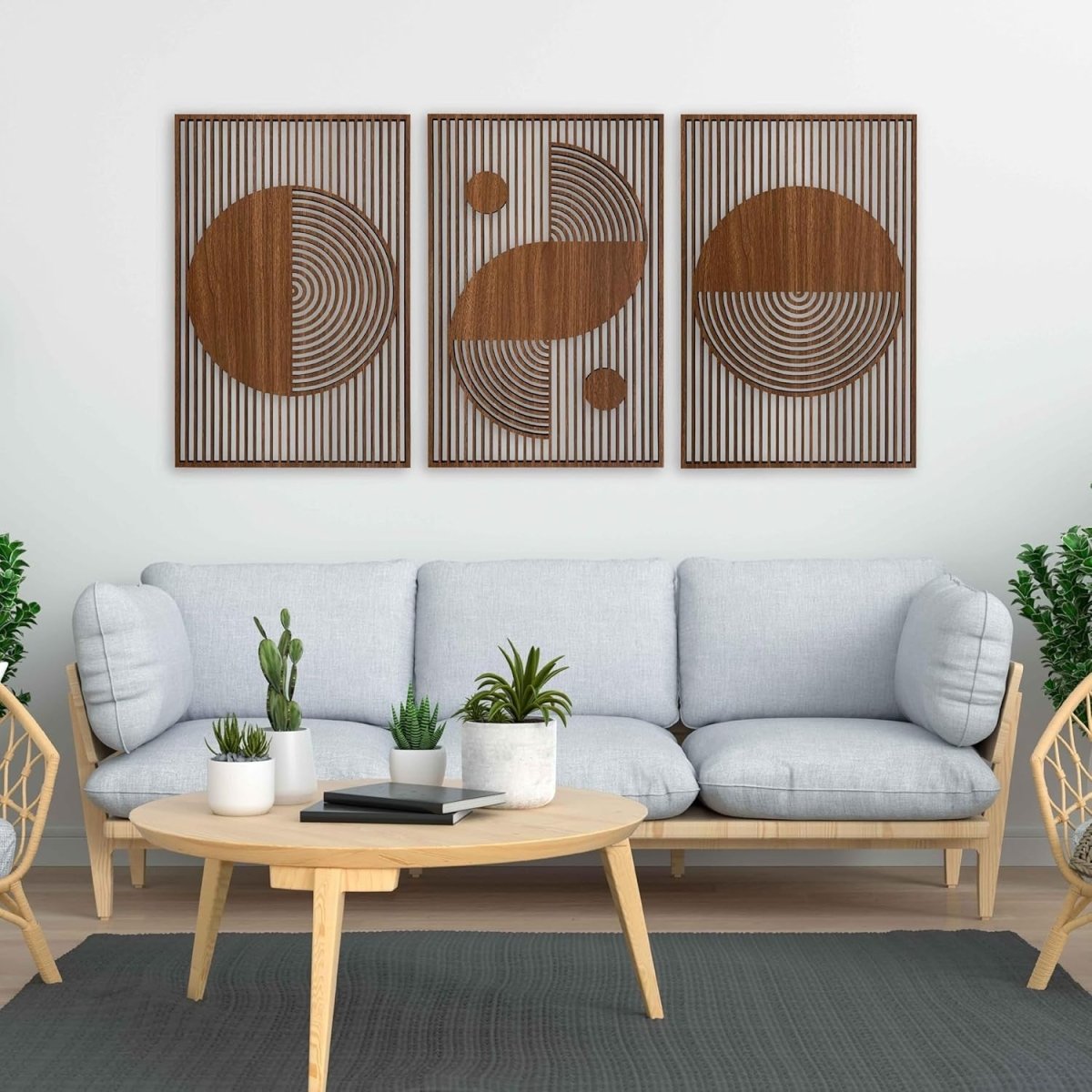 Boho Wooden Wall Art Set of 3 Large Geometric Panels Decor - Kwikley