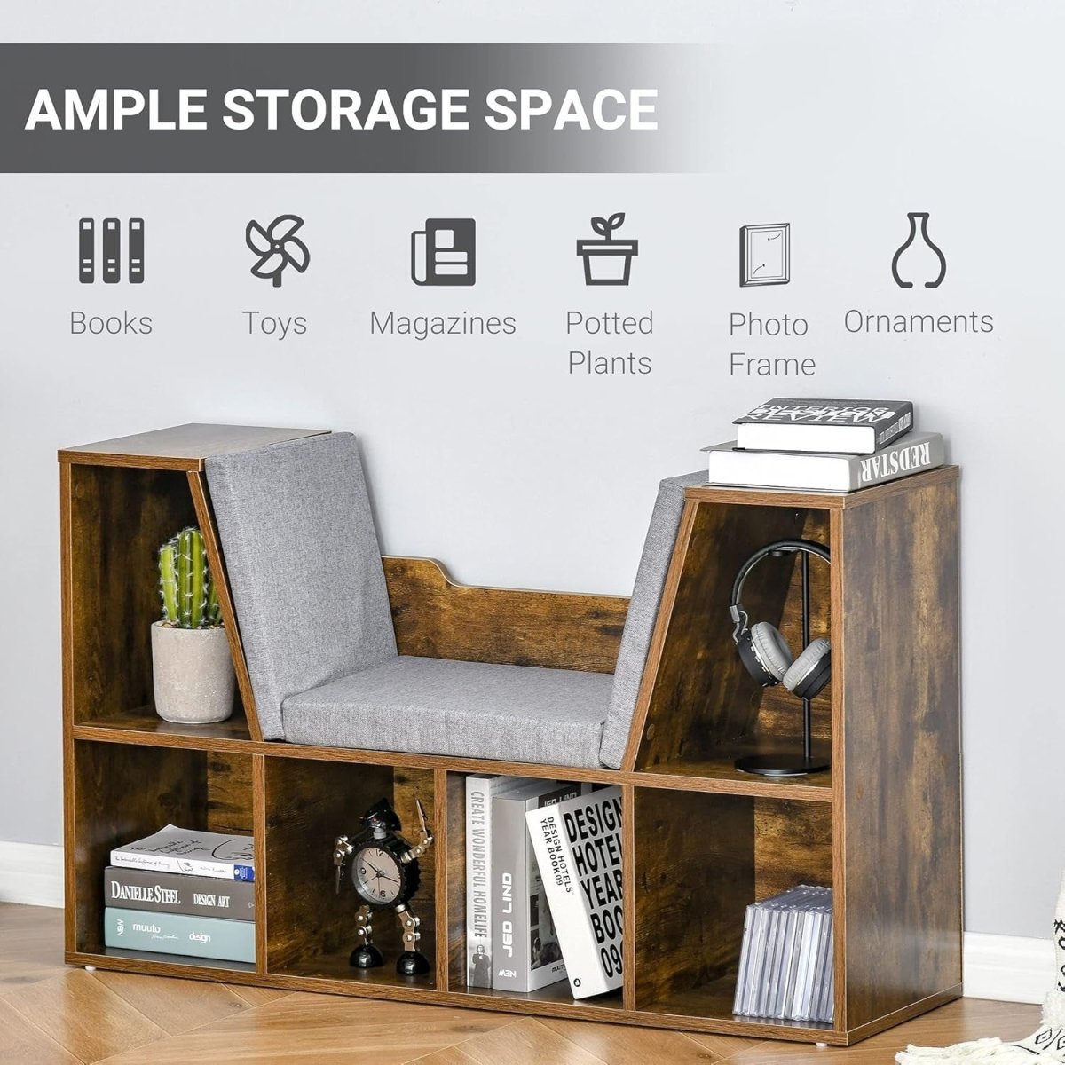 Bookcase with Cushioned Reading Seat 6 Cube Storage Bench Rustic Brown - Kwikley
