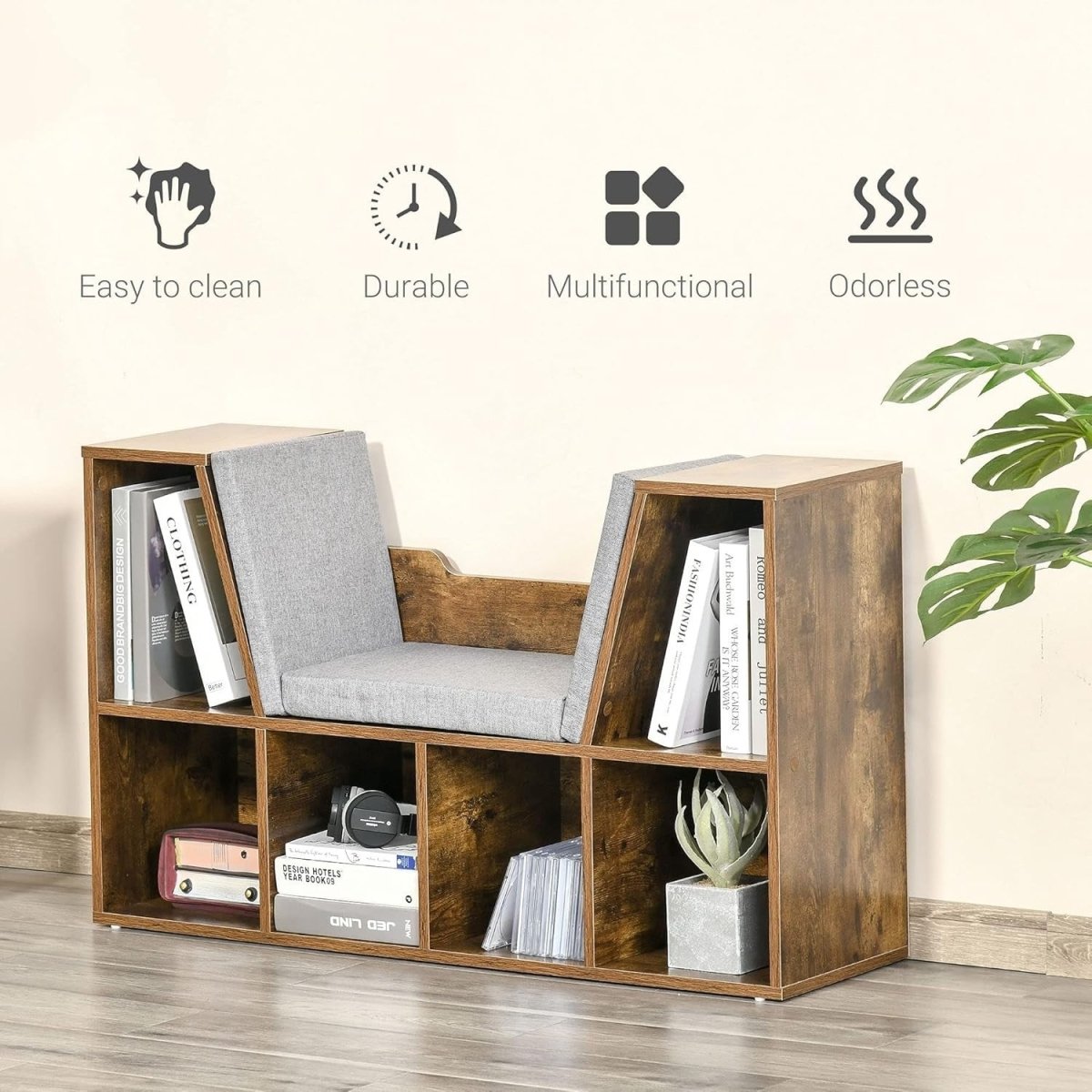 Bookcase with Cushioned Reading Seat 6 Cube Storage Bench Rustic Brown - Kwikley