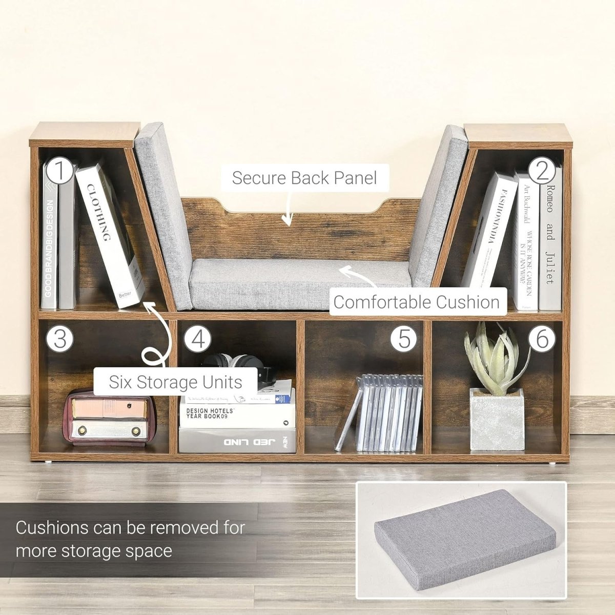 Bookcase with Cushioned Reading Seat 6 Cube Storage Bench Rustic Brown - Kwikley