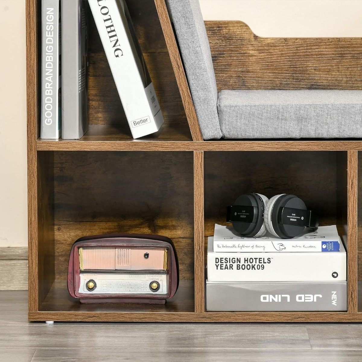 Bookcase with Cushioned Reading Seat 6 Cube Storage Bench Rustic Brown - Kwikley