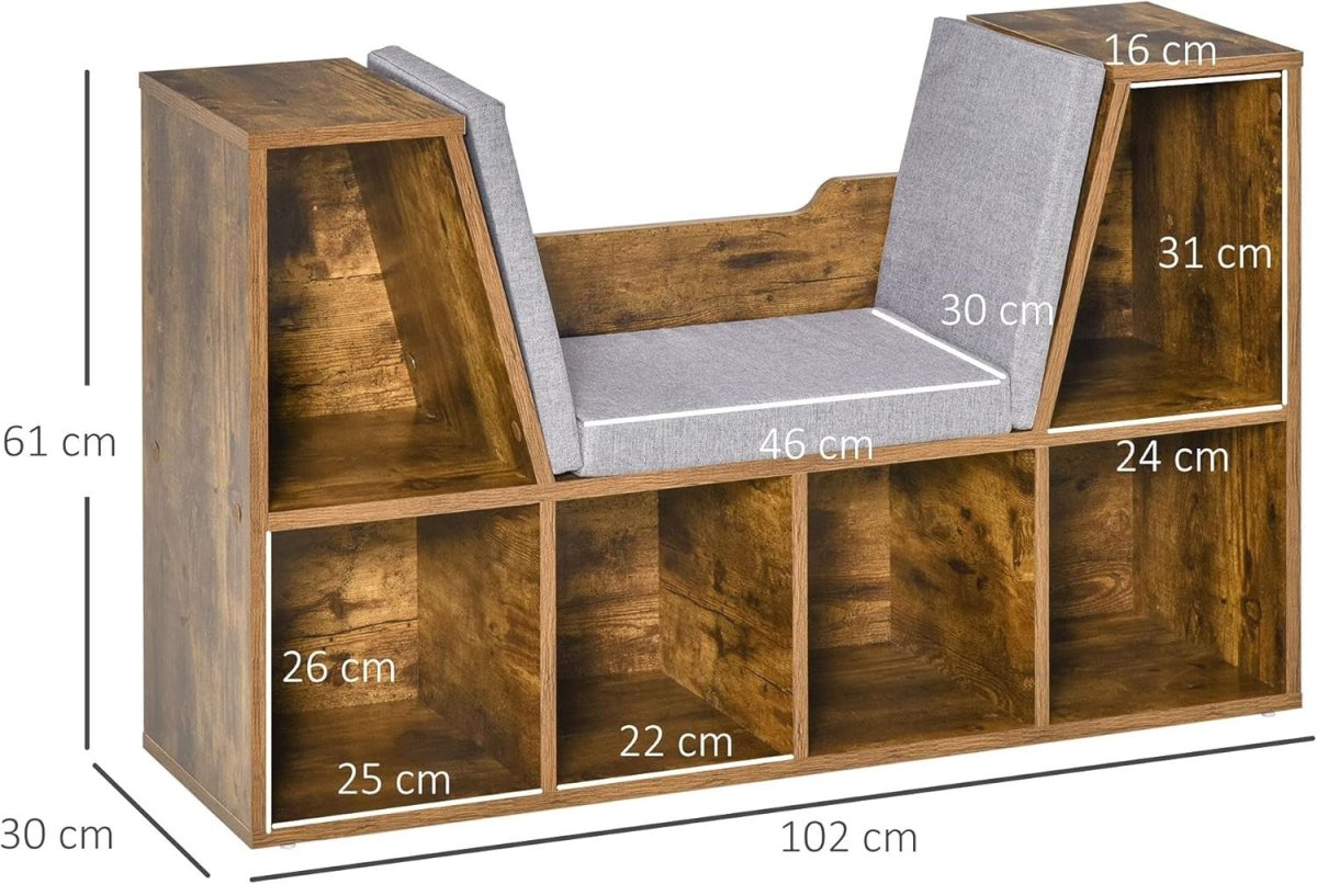 Bookcase with Cushioned Reading Seat 6 Cube Storage Bench Rustic Brown - Kwikley