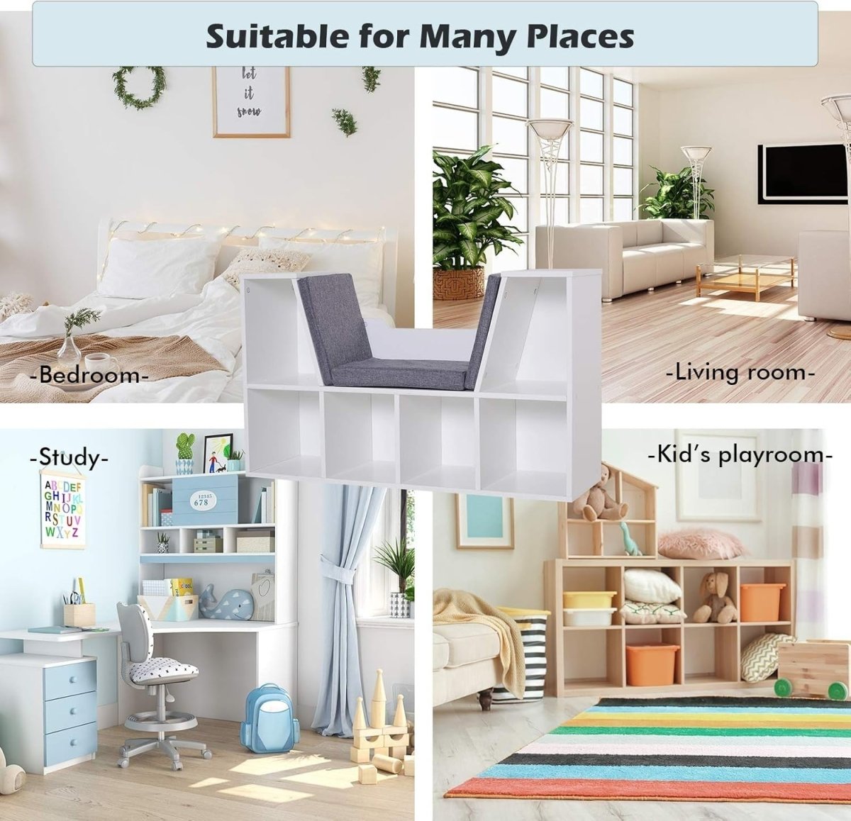 Bookcase with Cushioned Reading Seat 6 Cube Storage Bench White - Kwikley