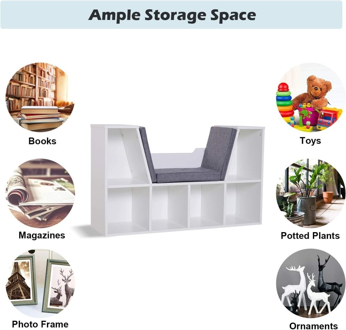 Bookcase with Cushioned Reading Seat 6 Cube Storage Bench White - Kwikley