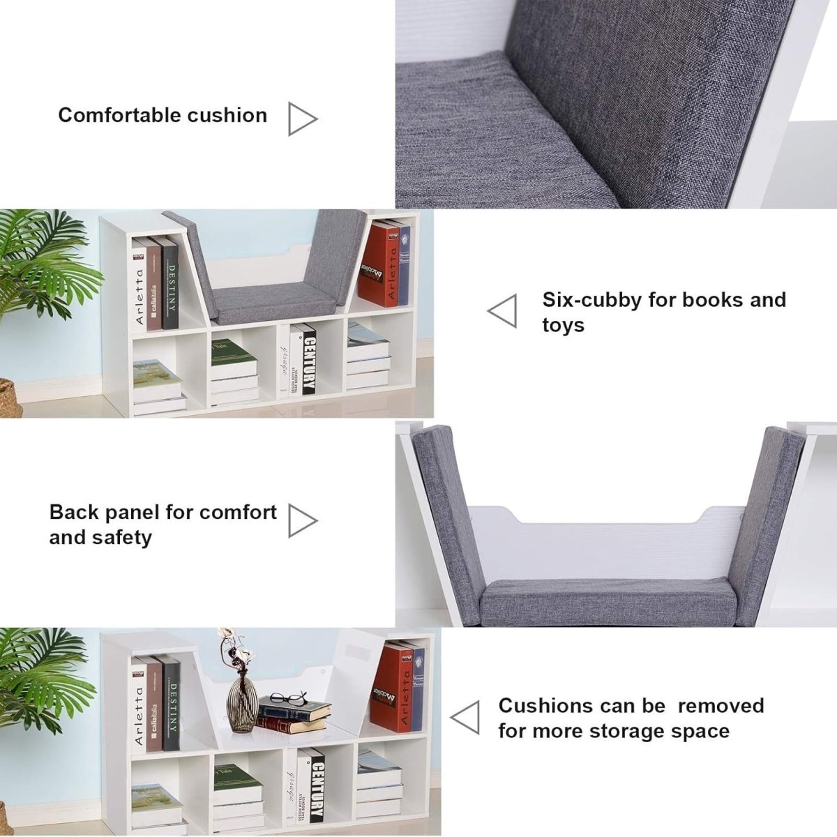 Bookcase with Cushioned Reading Seat 6 Cube Storage Bench White - Kwikley