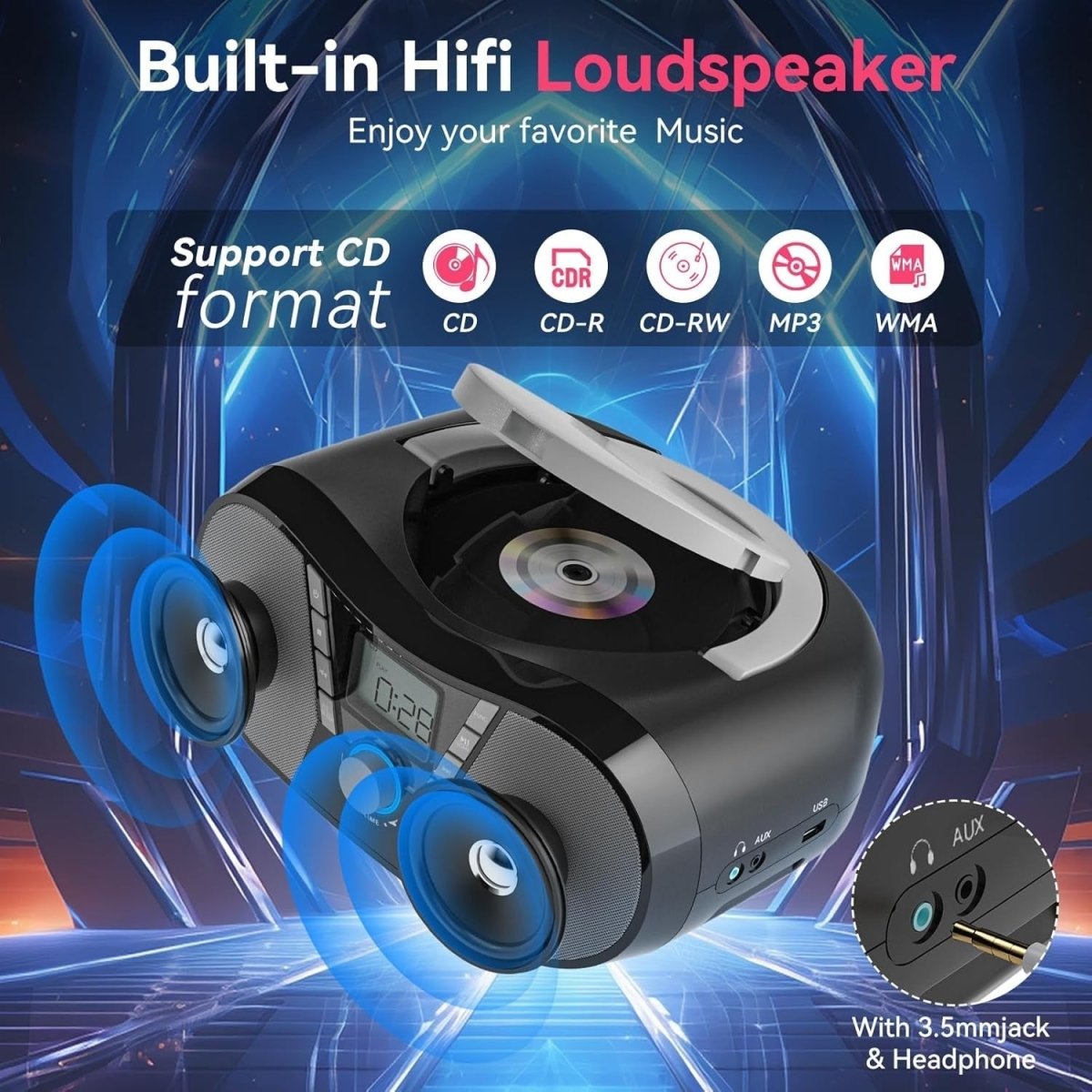 Boombox CD Player Bluetooth Speakers FM Radio USB AUX LCD Black - Kwikley