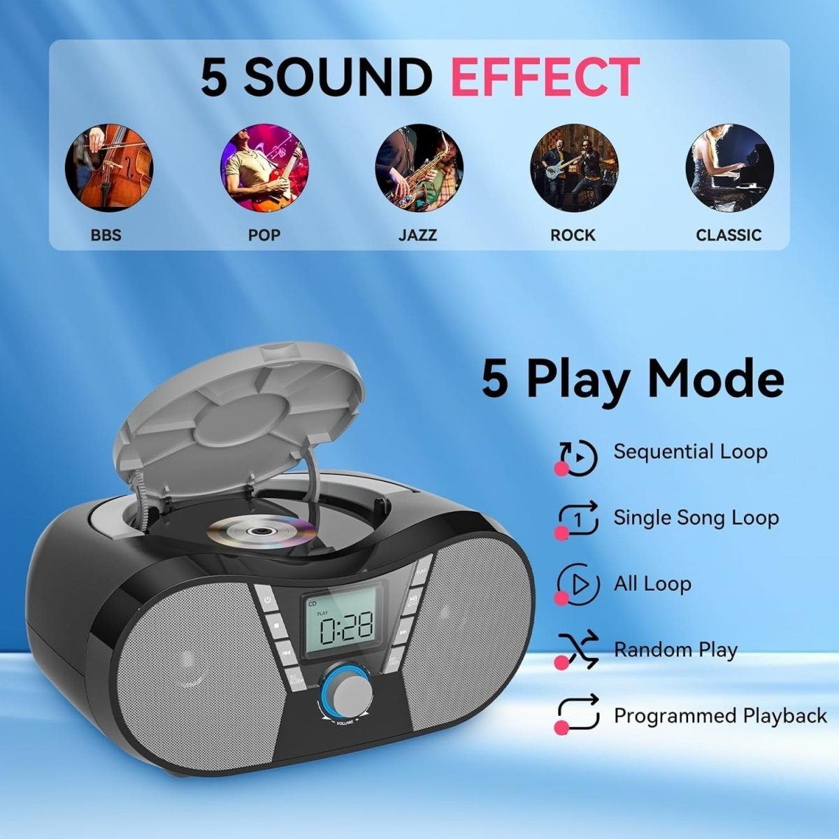 Boombox CD Player Bluetooth Speakers FM Radio USB AUX LCD Black - Kwikley