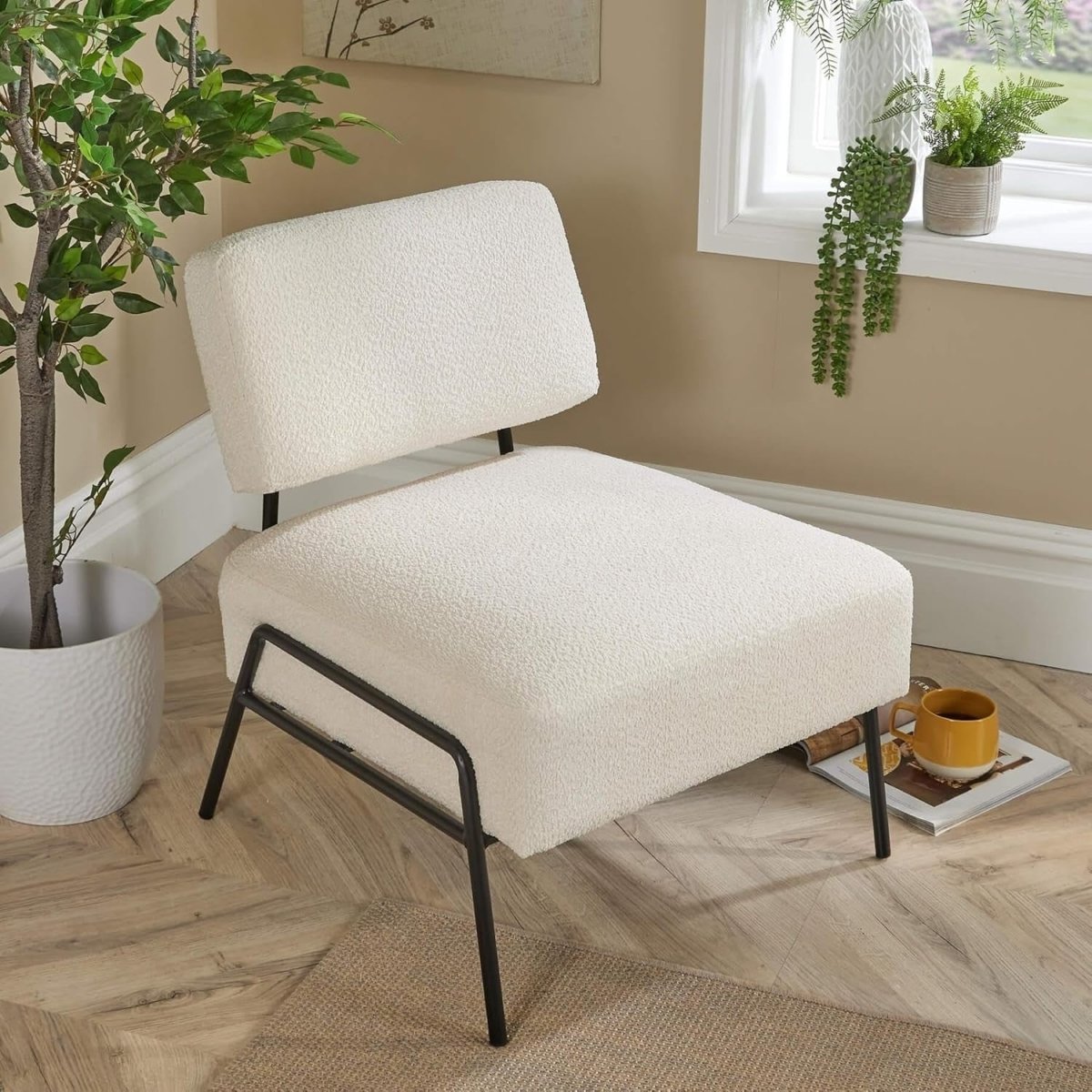 Boucle Accent Chair Cream Lounge Seat Black Metal Legs - Kwikley