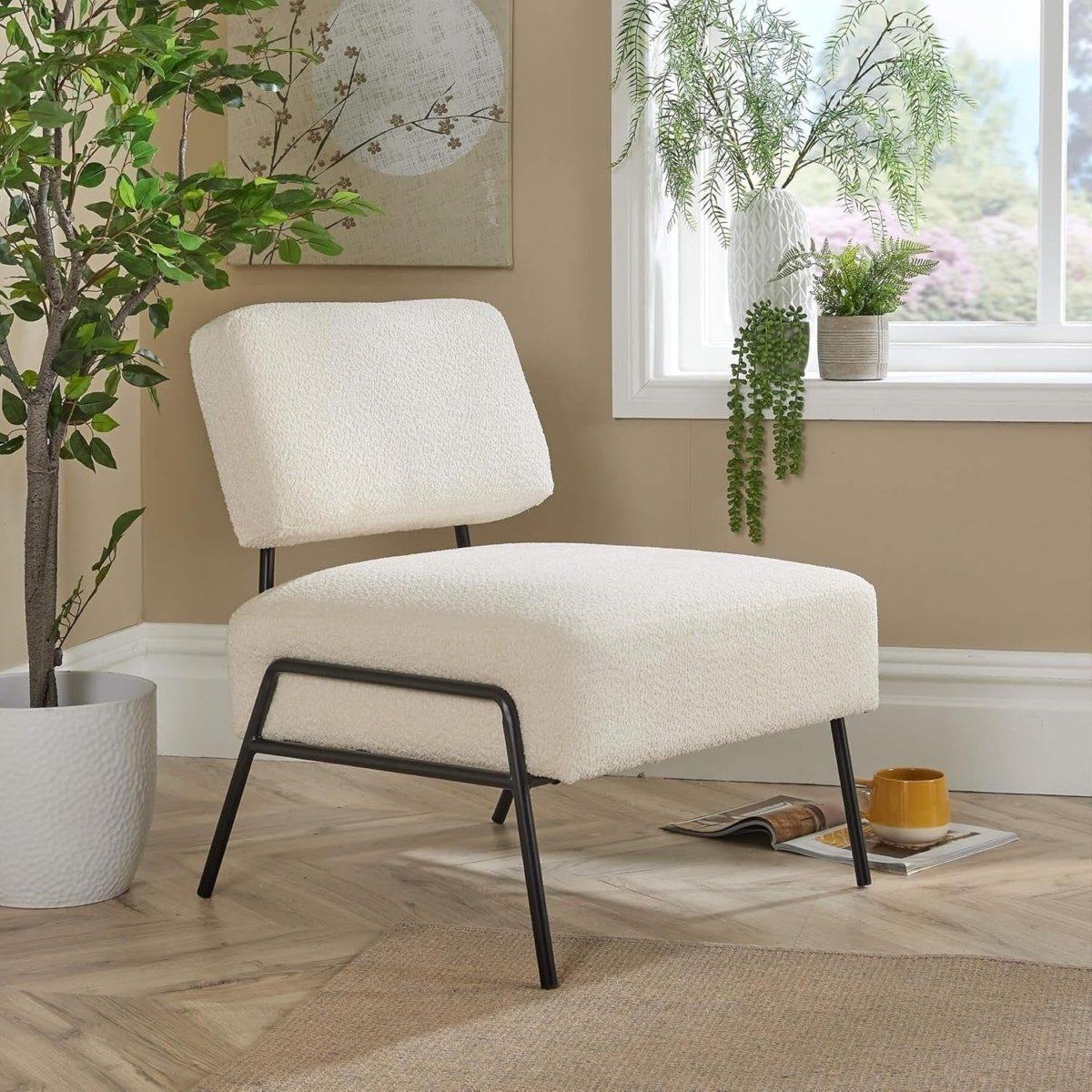 Boucle Accent Chair Cream Lounge Seat Black Metal Legs - Kwikley