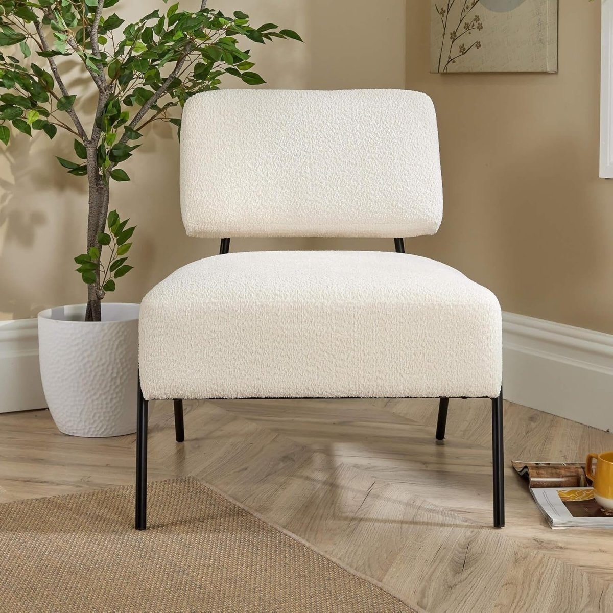 Boucle Accent Chair Cream Lounge Seat Black Metal Legs - Kwikley