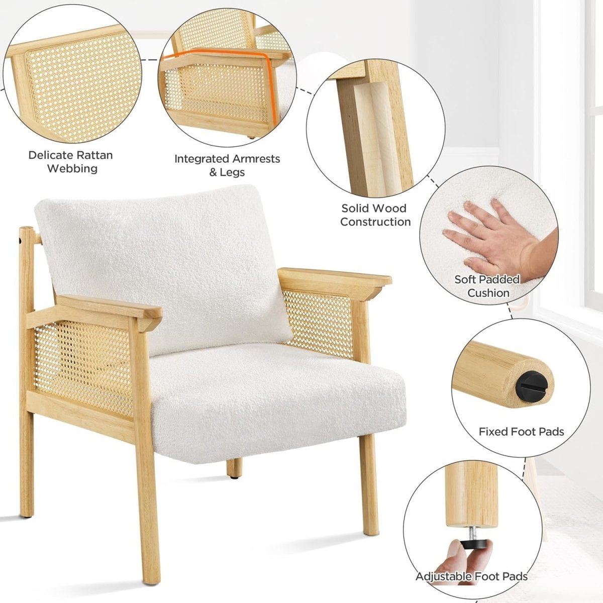 Boucle Accent Chair Rattan Armchair Wooden Frame Lounge Bedroom Seating - Kwikley