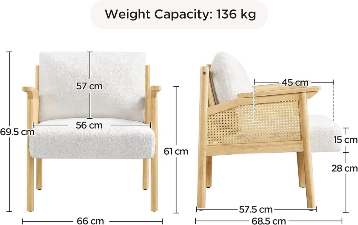Boucle Accent Chair Rattan Armchair Wooden Frame Lounge Bedroom Seating - Kwikley