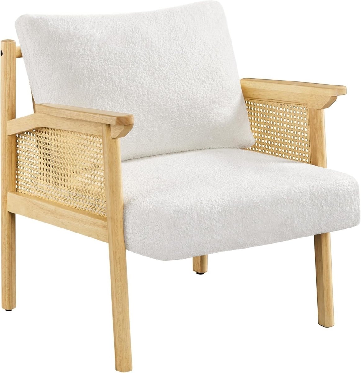 Boucle Accent Chair Rattan Armchair Wooden Frame Lounge Bedroom Seating - Kwikley