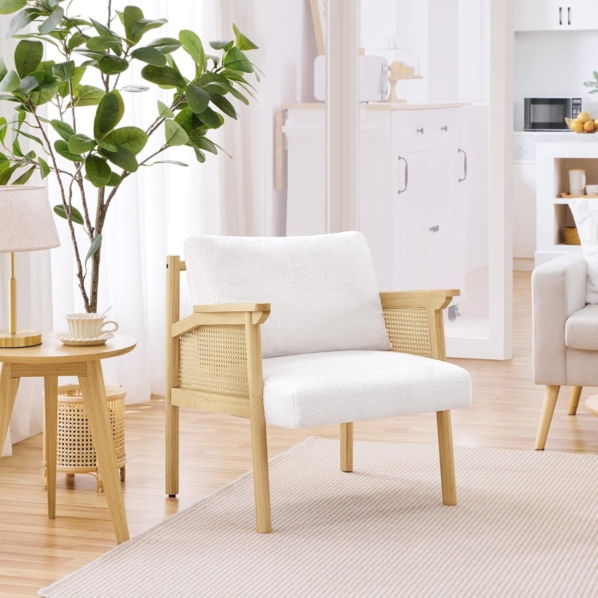 Boucle Accent Chair Rattan Armchair Wooden Frame Lounge Bedroom Seating - Kwikley