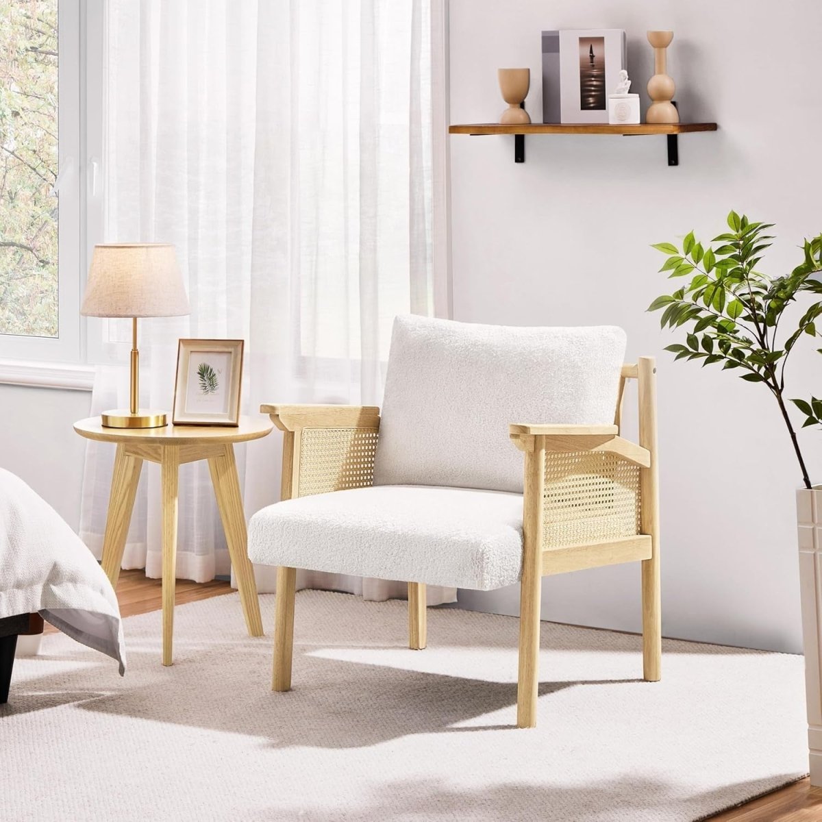 Boucle Accent Chair Rattan Armchair Wooden Frame Lounge Bedroom Seating - Kwikley