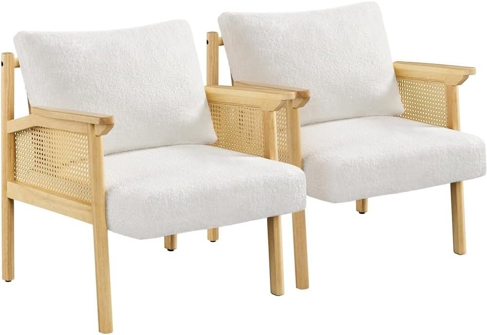 Boucle Accent Chairs Set of 2 Rattan Armchairs Wooden Frame Lounge Seating - Kwikley