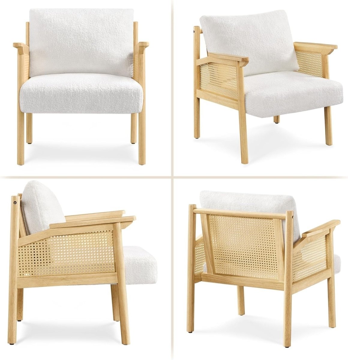 Boucle Accent Chairs Set of 2 Rattan Armchairs Wooden Frame Lounge Seating - Kwikley