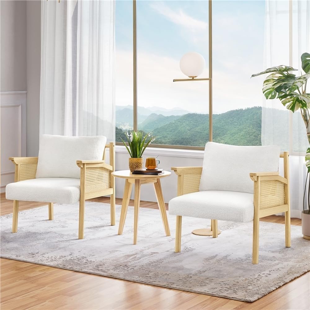 Boucle Accent Chairs Set of 2 Rattan Armchairs Wooden Frame Lounge Seating - Kwikley