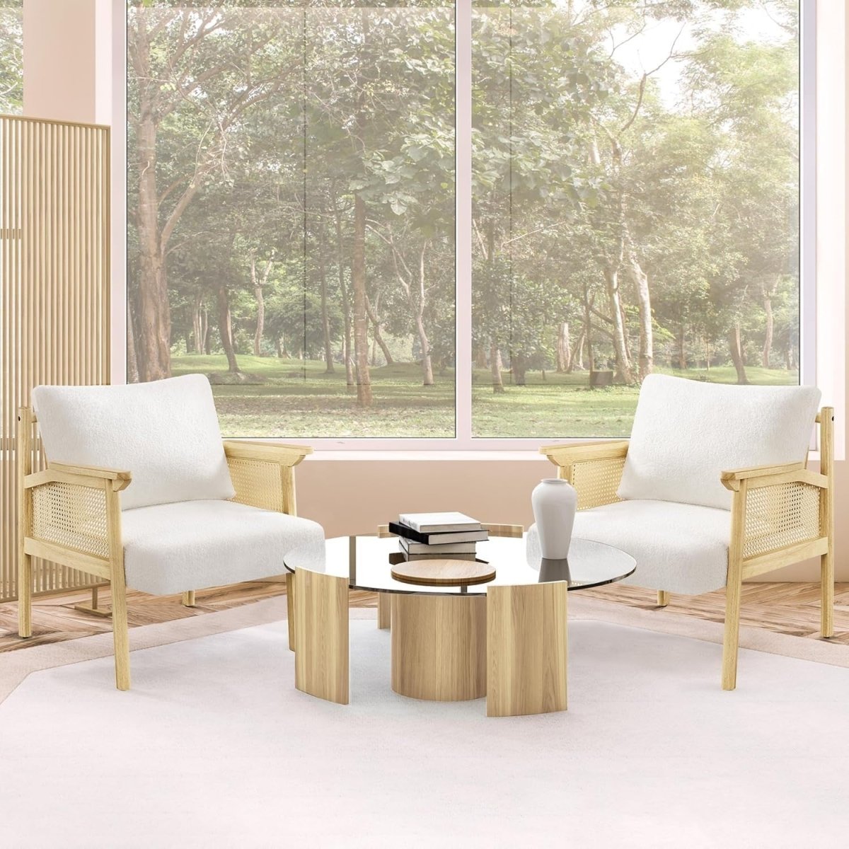 Boucle Accent Chairs Set of 2 Rattan Armchairs Wooden Frame Lounge Seating - Kwikley