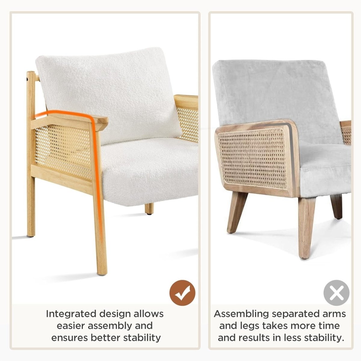 Boucle Accent Chairs Set of 2 Rattan Armchairs Wooden Frame Lounge Seating - Kwikley