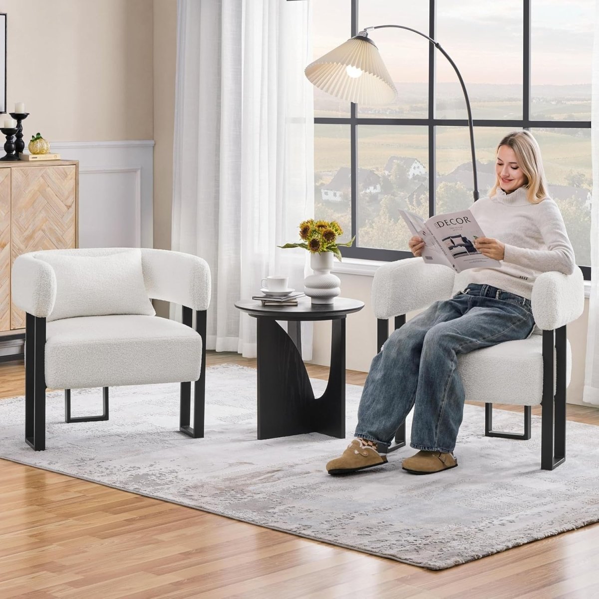 Boucle Tub Accent Chairs Set of 2 White Upholstered Armchairs - Kwikley