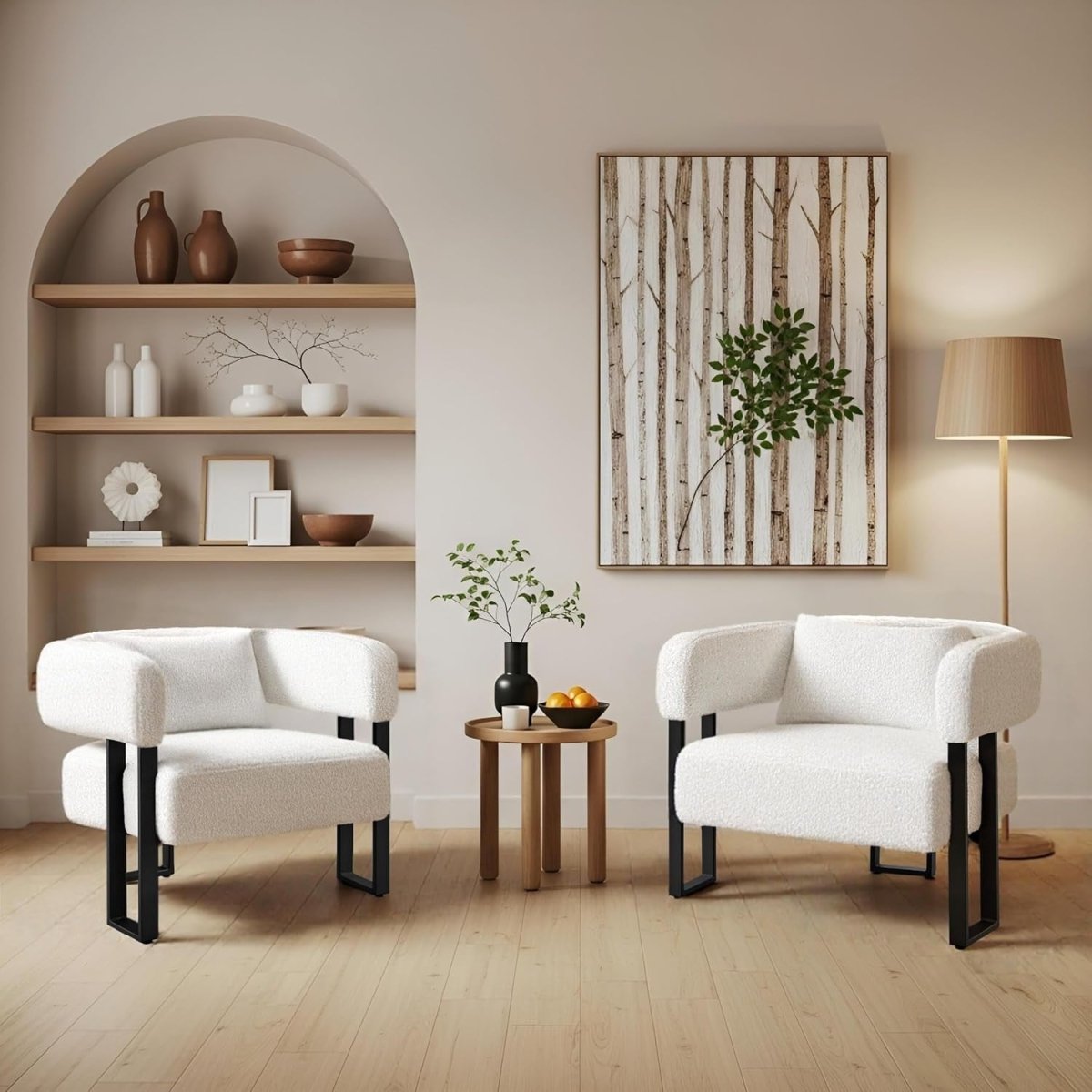 Boucle Tub Accent Chairs Set of 2 White Upholstered Armchairs - Kwikley