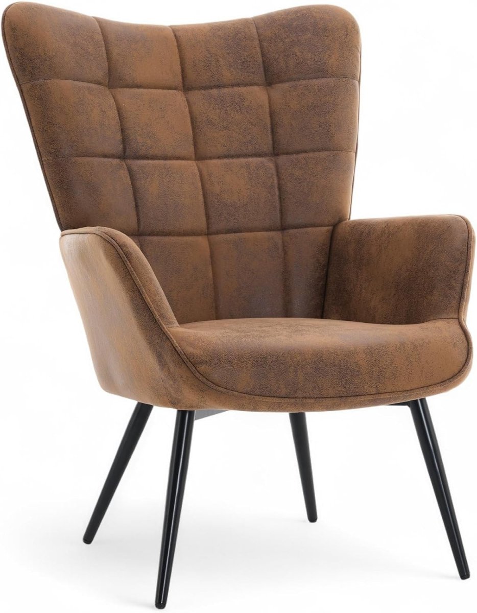 Brown Faux Leather Wing Back Accent Chair Tufted Lounge Armchair - Kwikley