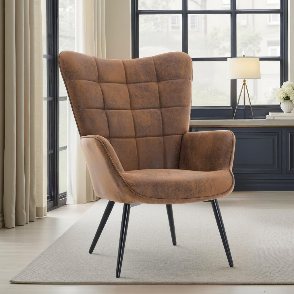 Brown Faux Leather Wing Back Accent Chair Tufted Lounge Armchair - Kwikley